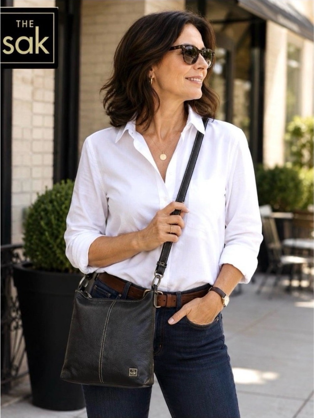 The Sak Black Pebbled Leather Crossbody Bag Adjustable‎ Strap Contrast Stitching